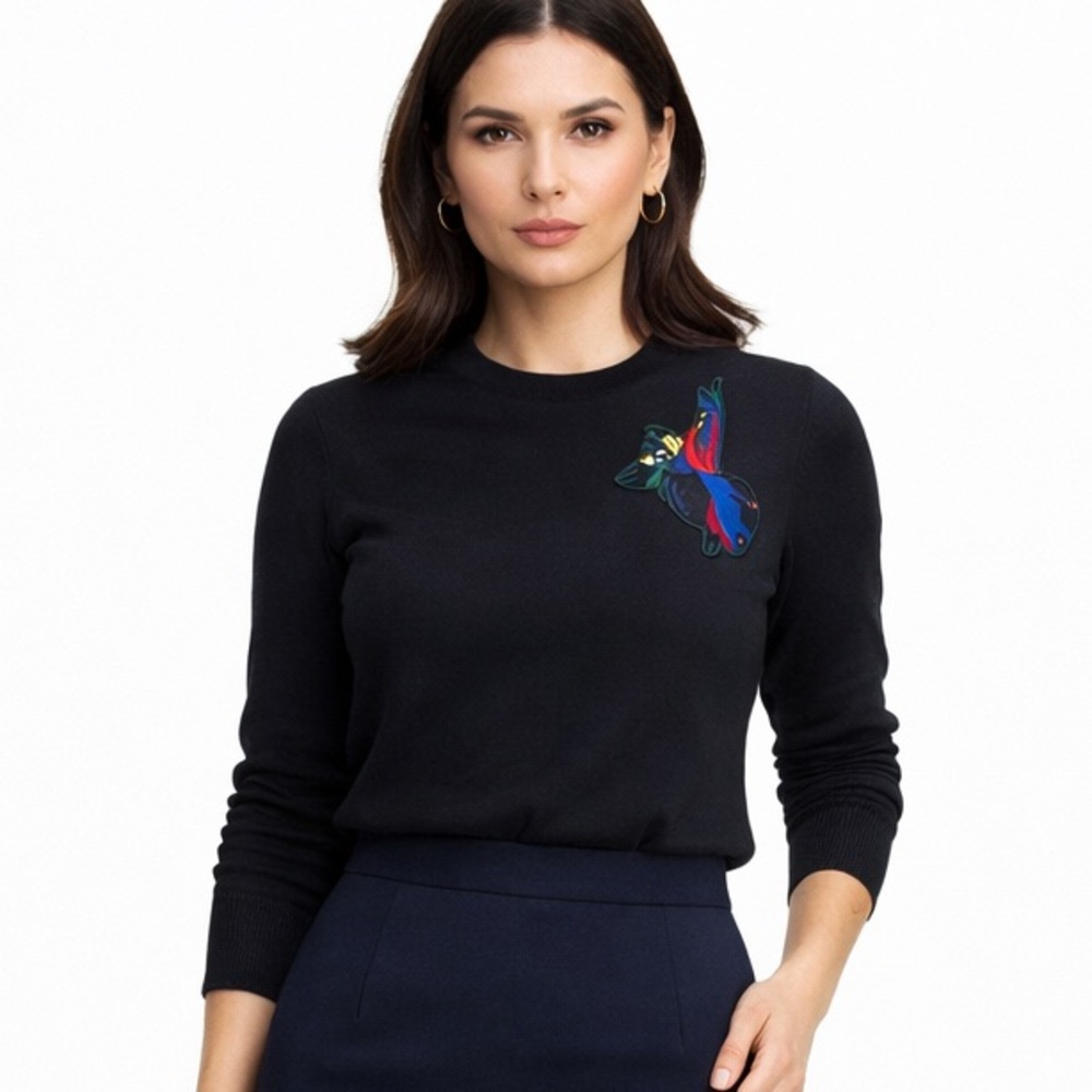 PROENZA SCHOULER WOOL LONG SLEEVE TOP Black Sweater with Colorful Embroidery
